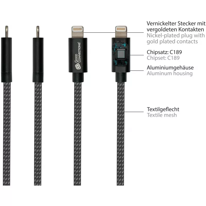 Good Connections USB 2.0 Lade- und Datenkabel für iPhone/iPad/iPod USB-A Stecker an Lightning - Das hochwertig verarbeitete und offiziell von Apple ze