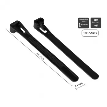 Wiederverwendbarer Kabelbinder 450 mm x 7,4 mm, schwarz, UV-resistent, -40 °C bis +85 °C, 100 Stück (KAB-R45S74)