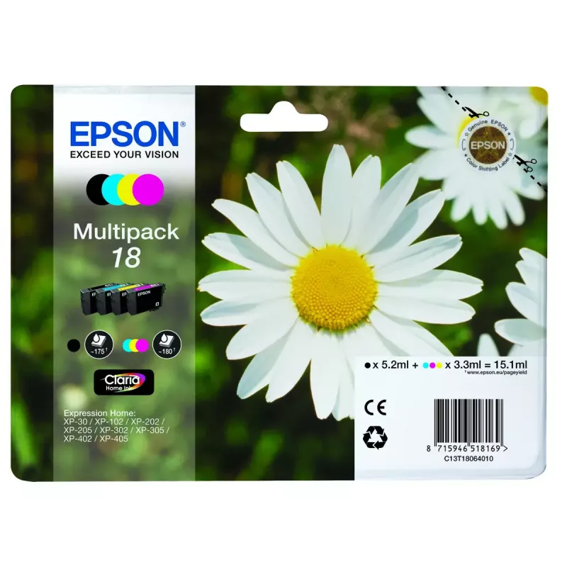 Tindikassettide mitmikpakend Epson Daisy Multipack 4‑värvi 18 Claria Home tindi — Standardmaht, 4 värvi