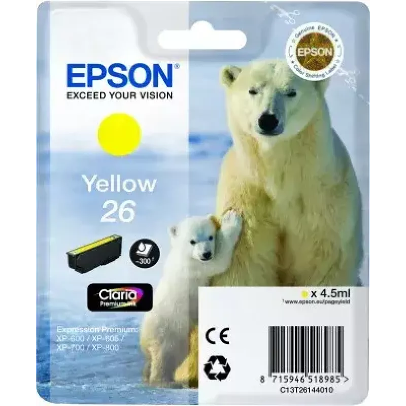 Tindikassett Epson C13T26144010 Singlepack Kollane 26 Claria Premium, pigmendipõhine, 1 tk