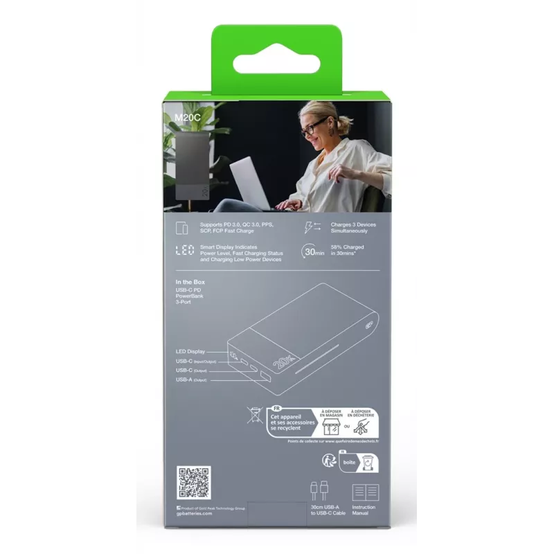 GP Battery GP PowerBank M2+ 20C 20000mAh 2xUSB-C/1xUSB-A must LED-Anz. (GPPBM20CGYMSR287)