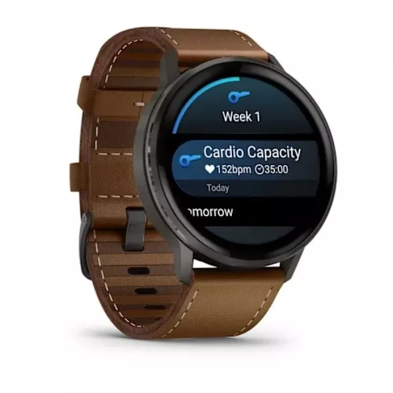 Nutikell GARMIN Venu 4 45 mm (1.4 tolli) AMOLED 454×454 px, Wi‑Fi, GPS, 8 GB, must korpus, pruun nahkrihm