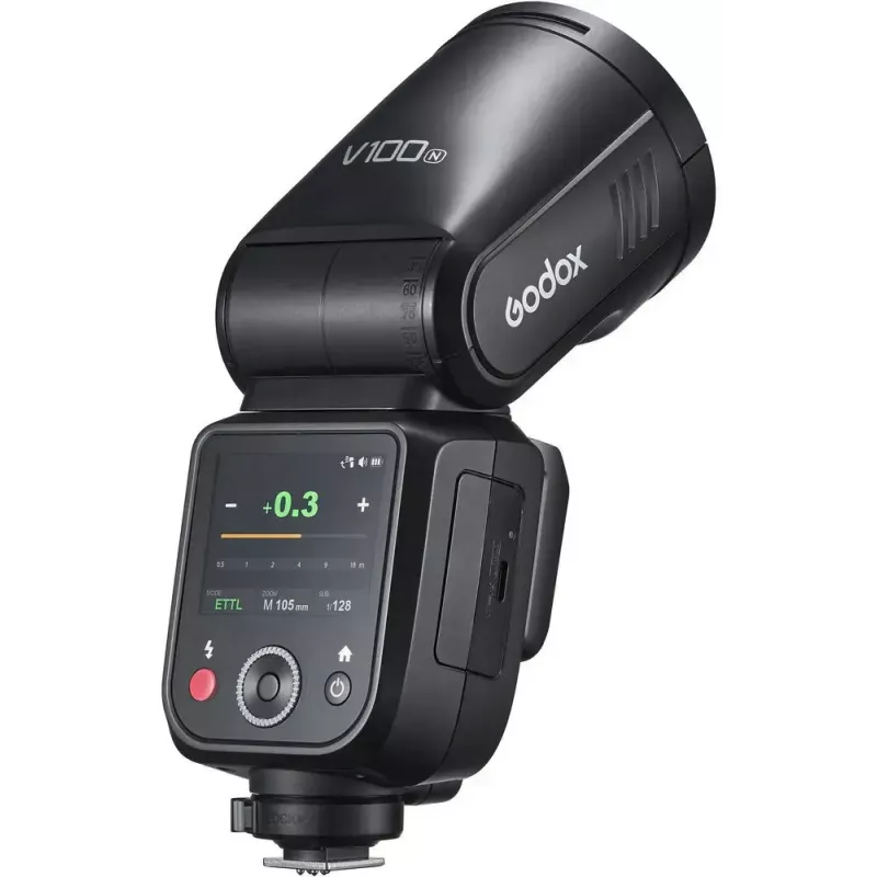 Flash Godox V100‑N Nikonile — Kaasaskantav TTL Li‑ion tulikuule kinnitatav välk
