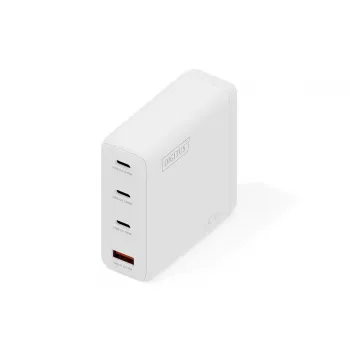 DIGITUS USB GaN laadija 140W — 3× USB‑C, 1× USB‑A, 100–240V, valge