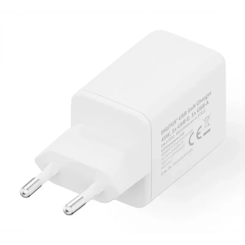 Seinalaadija DIGITUS USB GaN 45W — 1× USB-C, 1× USB-A, sisend 100–240V, valge