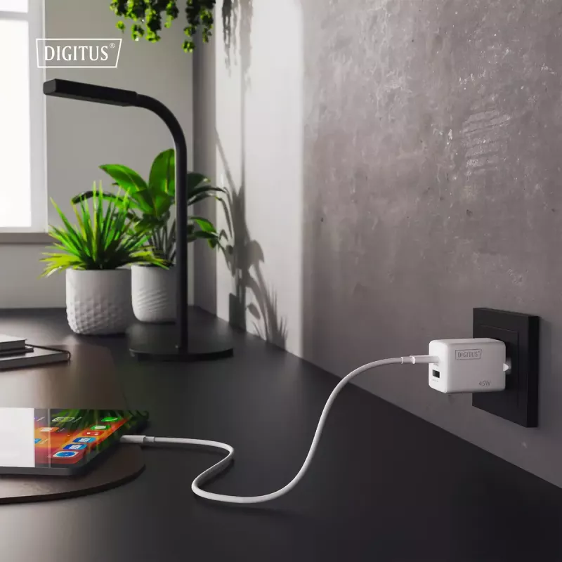 Seinalaadija DIGITUS USB GaN 45W — 1× USB-C, 1× USB-A, sisend 100–240V, valge