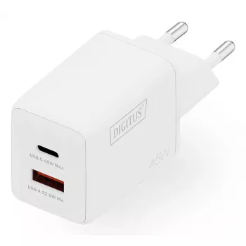 Seinalaadija DIGITUS USB GaN 45W — 1× USB-C, 1× USB-A, sisend 100–240V, valge
