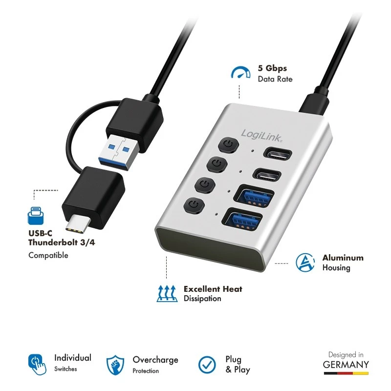 Hub USB3.2 Gen1, 4 porti, USB-A/C, sisse/välja lüliti