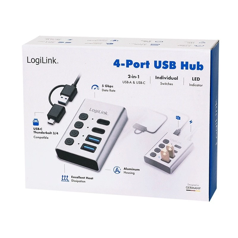 Hub USB3.2 Gen1, 4 porti, USB-A/C, sisse/välja lüliti