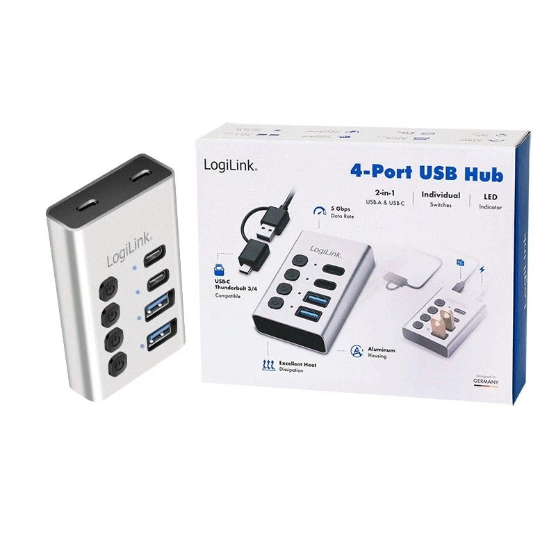 Hub USB3.2 Gen1, 4 porti, USB-A/C, sisse/välja lüliti