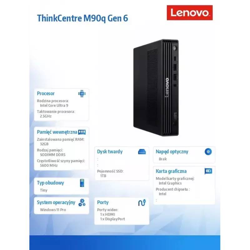 Lauaarvuti Lenovo ThinkCentre M90q Tiny G6 – Intel Core Ultra 9 285, 2×16 GB muutmälu, 1 TB SSD, Windows 11 Pro, must