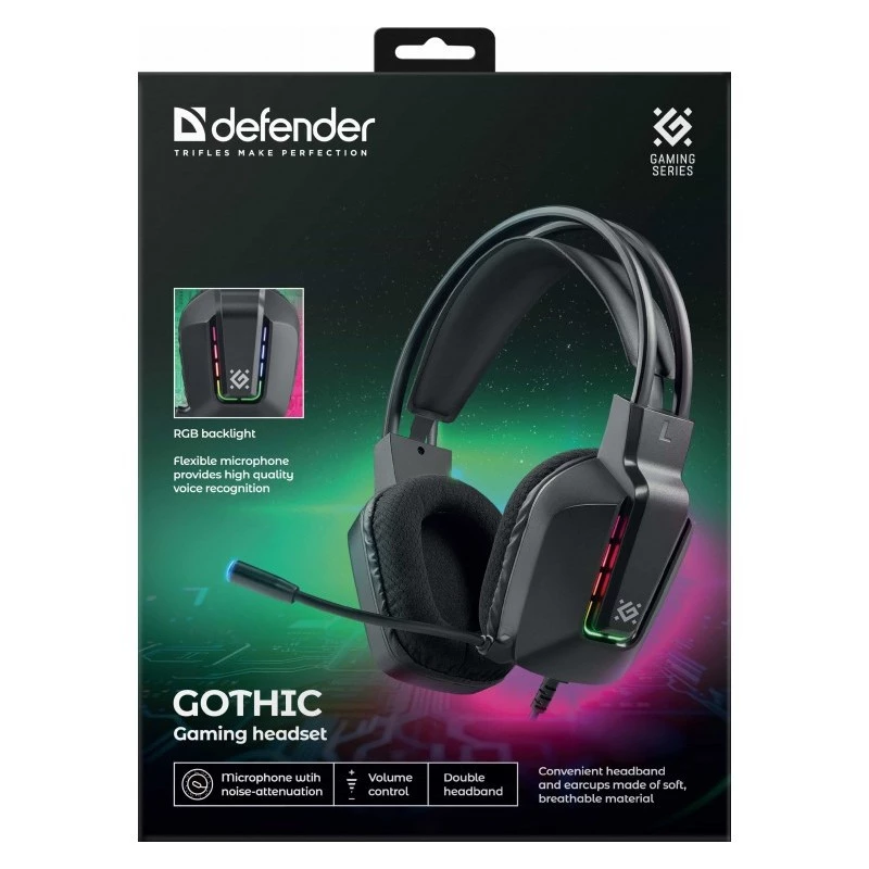 Juhtmega USB-mängupeakomplekt DEFENDER GOTHIC RGB mikrofoniga, must