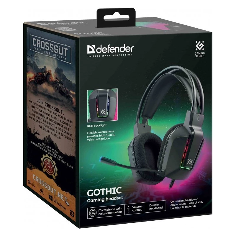 Juhtmega USB-mängupeakomplekt DEFENDER GOTHIC RGB mikrofoniga, must