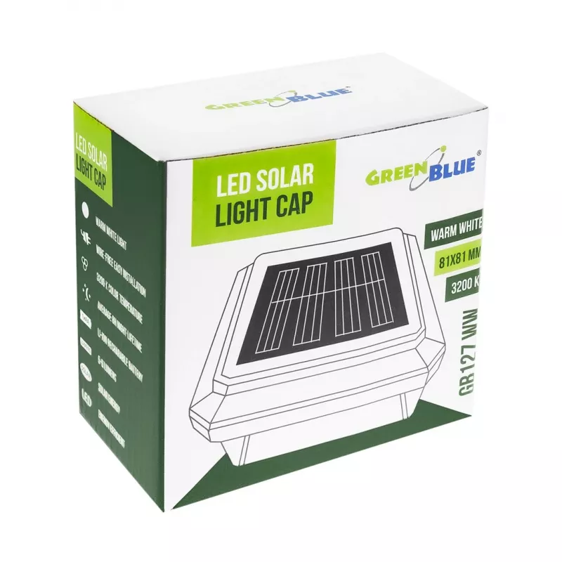 Solar LED Post Light GreenBlue GB127 WW — 3200K neutraalvalge, 80×80 mm ümbrikukujuline varikate, NiMH aku