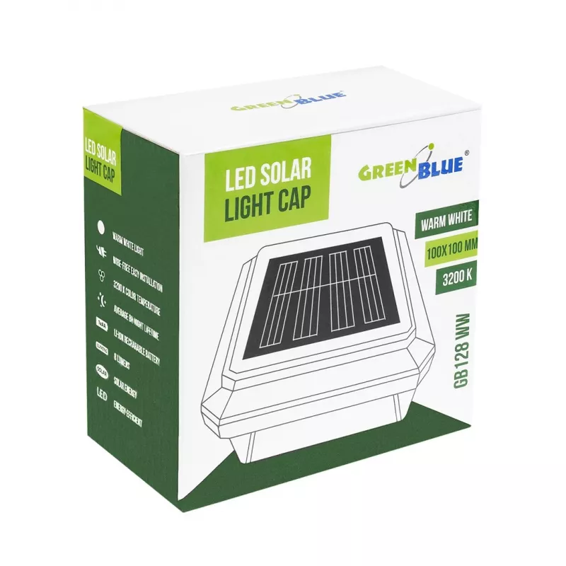 Solar LED Post Light GreenBlue GB128 WW, 3200K neutralne valge, ümbrikukujuline vari, 100x100mm, must