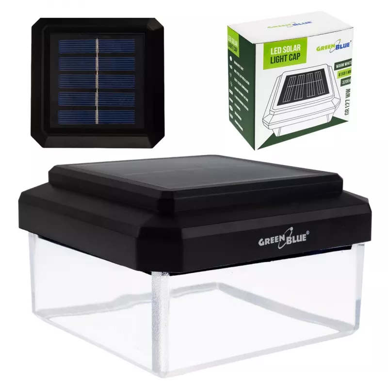 Solar LED Post Light GreenBlue GB128 WW, 3200K neutralne valge, ümbrikukujuline vari, 100x100mm, must