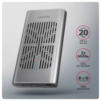 Väline korpus AXAGON EEM2-20GD USB-C 20 Gbps kahe M.2 NVMe SSD jaoks koos riistvaralise kloonimisega