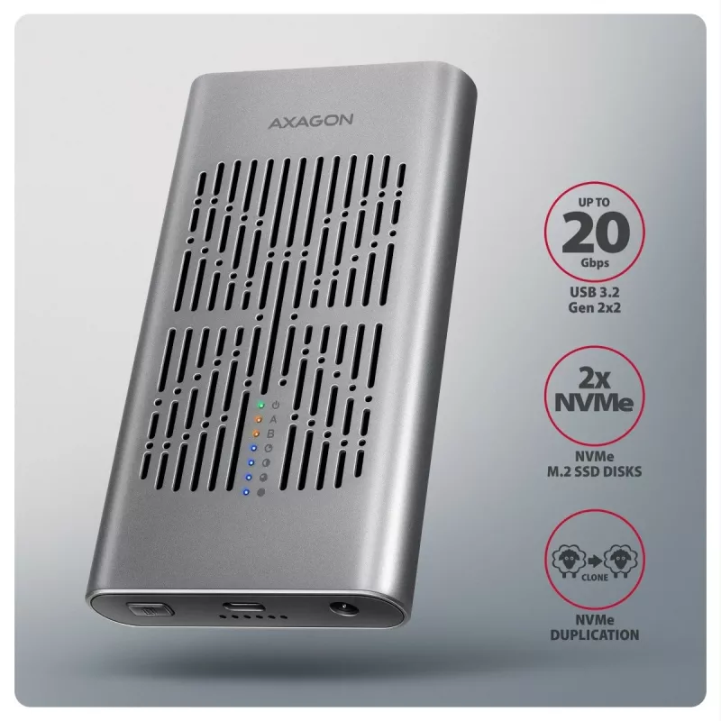 Väline korpus AXAGON EEM2-20GD USB-C 20 Gbps kahe M.2 NVMe SSD jaoks koos riistvaralise kloonimisega