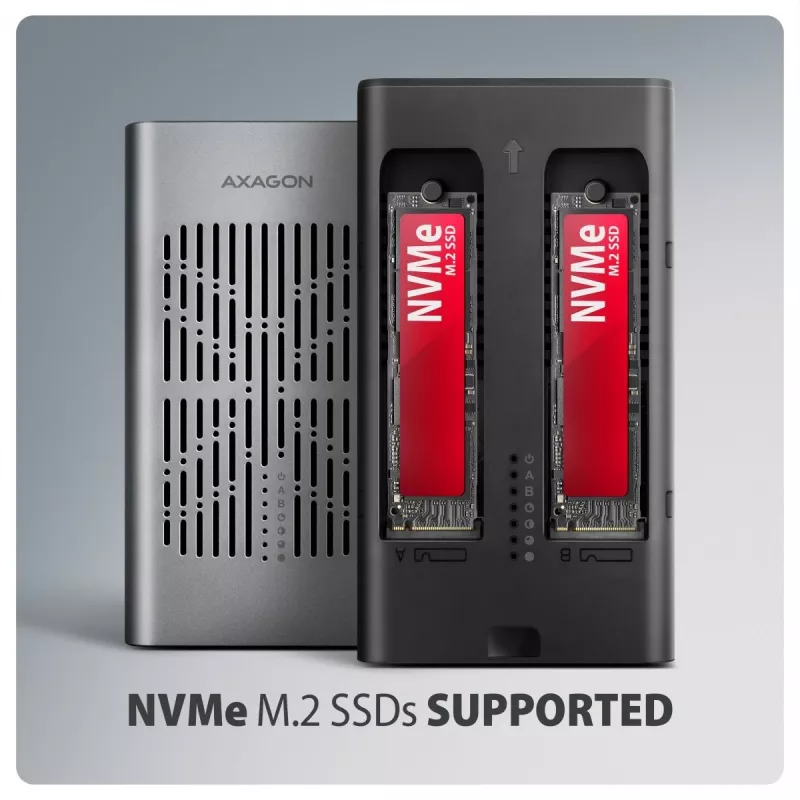 Väline korpus AXAGON EEM2-20GD USB-C 20 Gbps kahe M.2 NVMe SSD jaoks koos riistvaralise kloonimisega