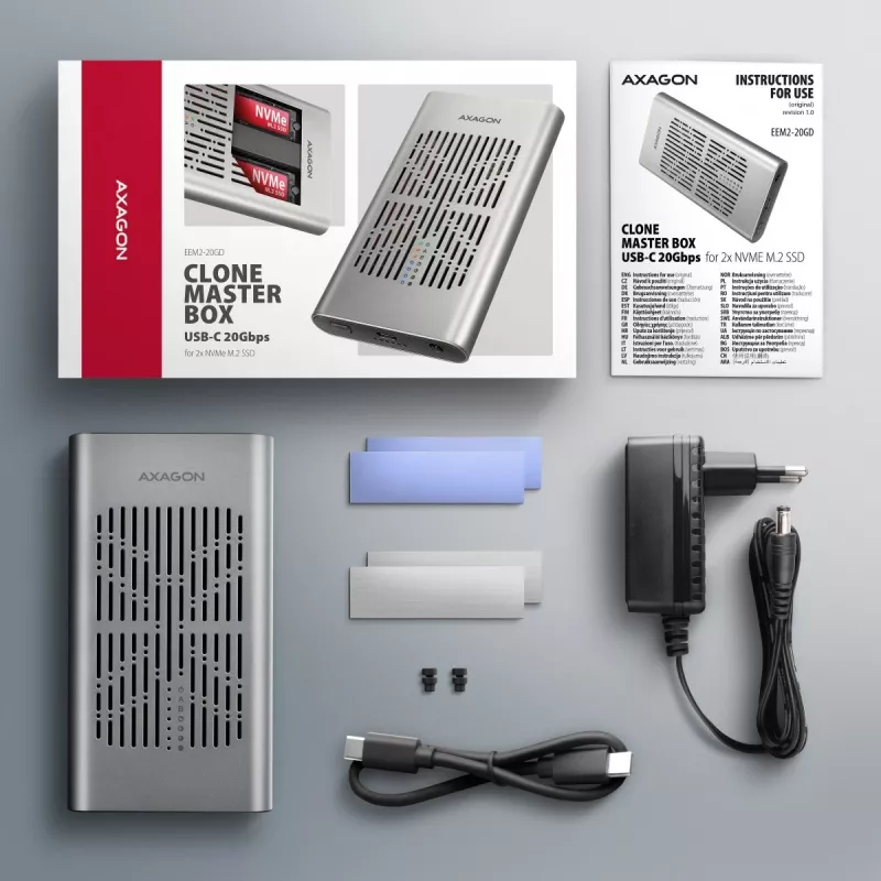 Väline korpus AXAGON EEM2-20GD USB-C 20 Gbps kahe M.2 NVMe SSD jaoks koos riistvaralise kloonimisega