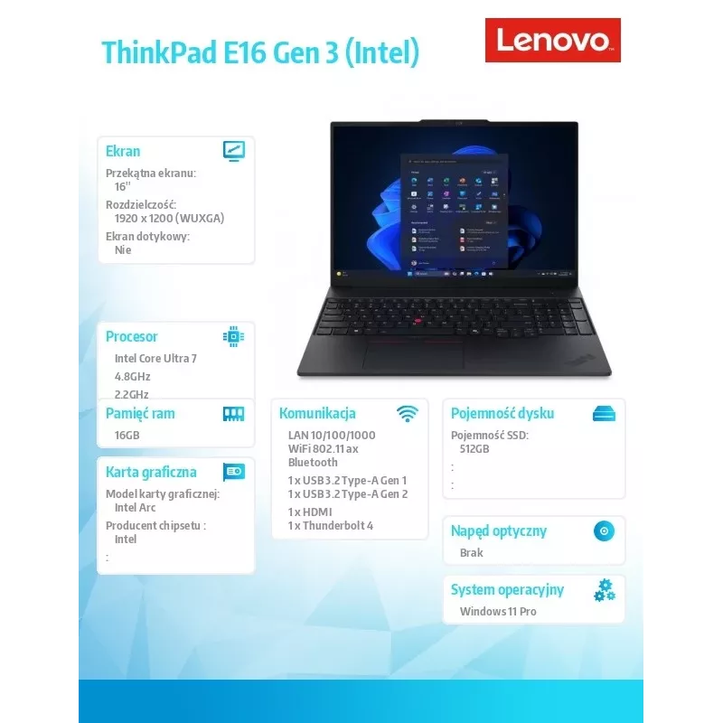 Lenovo ThinkPad E16 Gen 3 sülearvuti, Intel Core Ultra 7 256V, 16 GB muutmälu, 512 GB SSD, 16-tolline WUXGA, Windows 11 Pro, must