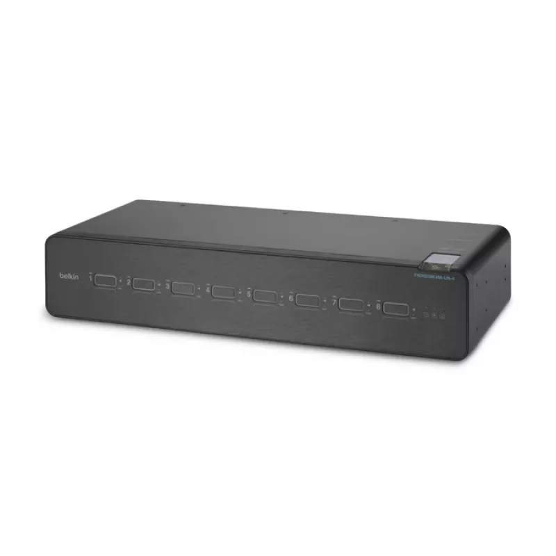 KVM-lüliti Belkin F1DN208KVM-UN-4 — 8-pordiline kahe ekraaniga HDMI/DisplayPort, USB klaviatuur ja hiir, 4K@60Hz, rack-kinnitus, must