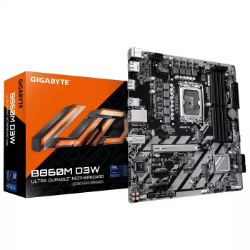 GIGABYTE B860M D3W emaplaat – Intel Core Ultra seeria protsessorid, 4+1+2 faasiga VRM, kuni 9066 MHz DDR5, 2x PCIe 4.0 M.2, 1 GbE LAN, USB 3.2 Gen 1