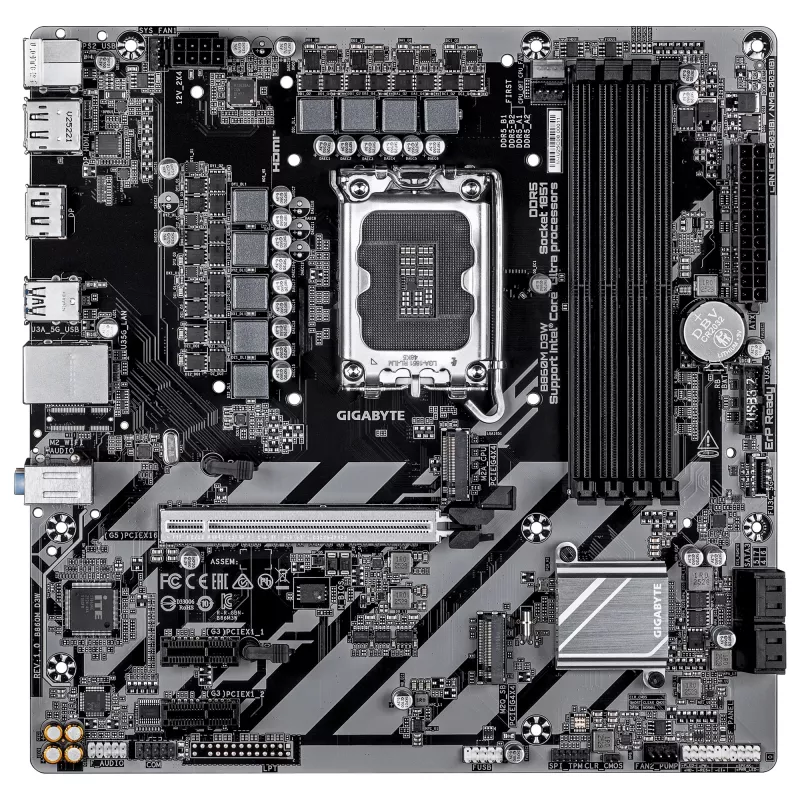 GIGABYTE B860M D3W emaplaat – Intel Core Ultra seeria protsessorid, 4+1+2 faasiga VRM, kuni 9066 MHz DDR5, 2x PCIe 4.0 M.2, 1 GbE LAN, USB 3.2 Gen 1