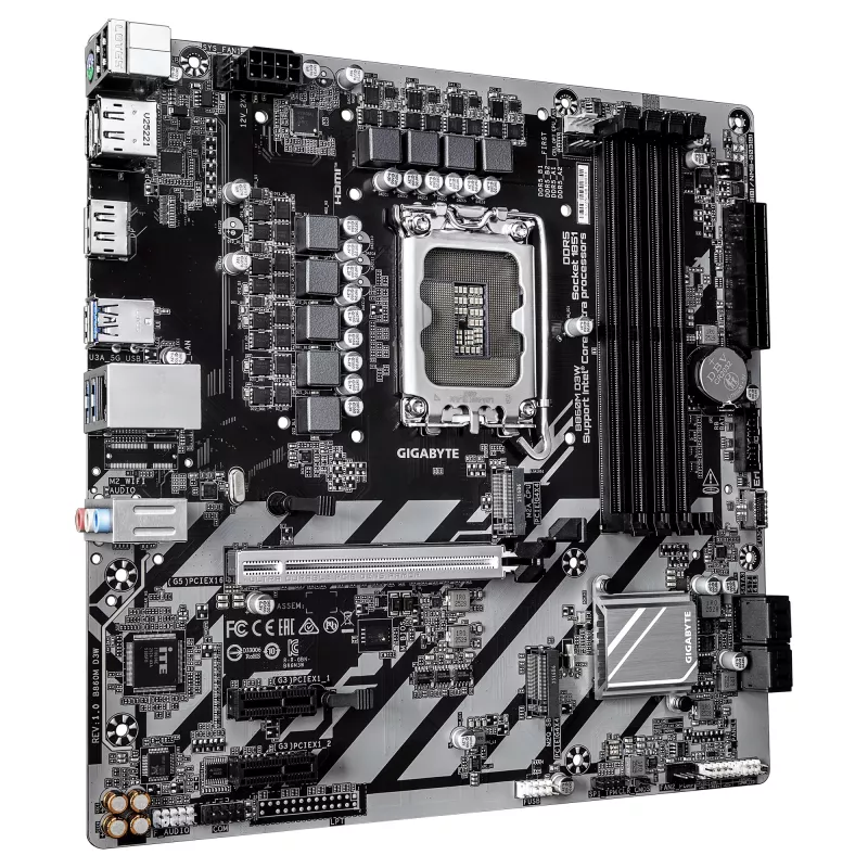 GIGABYTE B860M D3W emaplaat – Intel Core Ultra seeria protsessorid, 4+1+2 faasiga VRM, kuni 9066 MHz DDR5, 2x PCIe 4.0 M.2, 1 GbE LAN, USB 3.2 Gen 1
