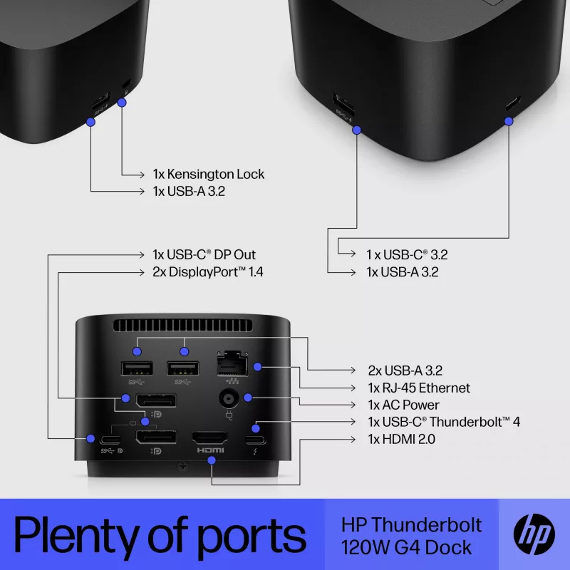 HP Thunderbolt Dock 120W G4, Kensington, Hiina, Tai, Taiwan, Äri, Windows 10, Windows 11, MacOS, 98 mm