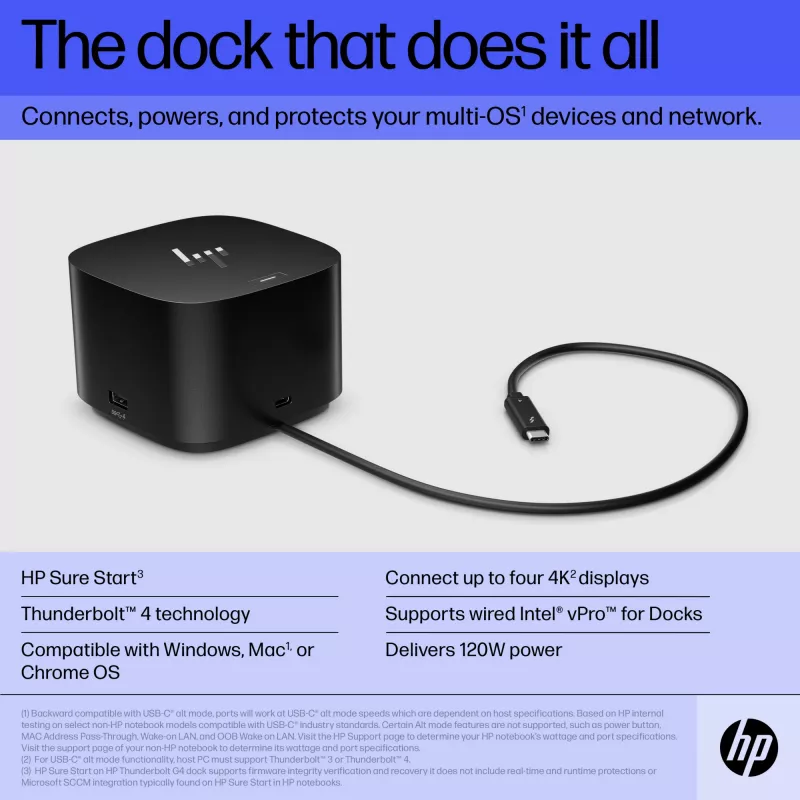 HP Thunderbolt Dock 120W G4, Kensington, Hiina, Tai, Taiwan, Äri, Windows 10, Windows 11, MacOS, 98 mm