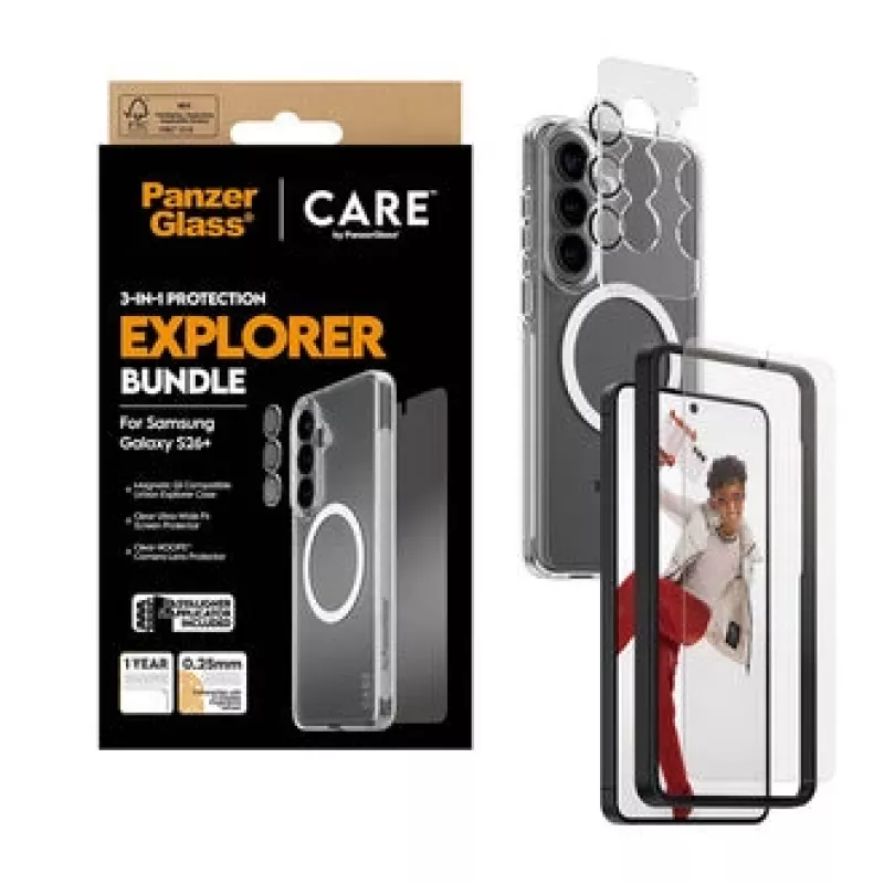 Ekraanikaitse PanzerGlass CARE 3-in-1 Samsung Galaxy S Plus 2026 jaoks — PanzerGlass CARE komplekt