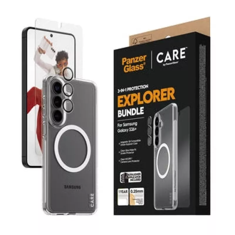 Ekraanikaitse PanzerGlass CARE 3-in-1 Samsung Galaxy S Plus 2026 jaoks — PanzerGlass CARE komplekt