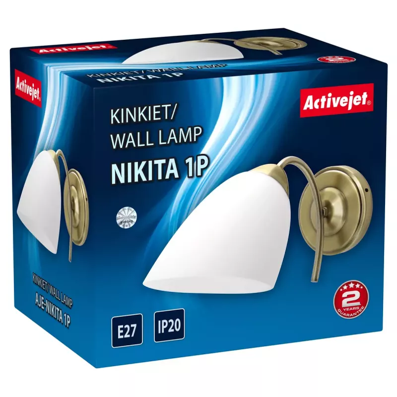 Seinalamp ActiveJet NIKITA Patyna E27 ühe pirniga, metallkorpus, IP20, 220–240 V, 60 W, valge klaas