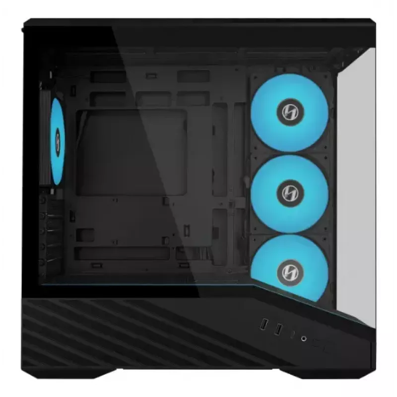 Mini-torniga arvutikorpus Lian Li Vector V100R MINI — Mini-ITX/Mikro-ATX, karastatud klaas, 3×120 mm külg- + 1×120 mm tagaventilaator, 2× 2,5-tollist + 1× 3,5-tollist pesa, must