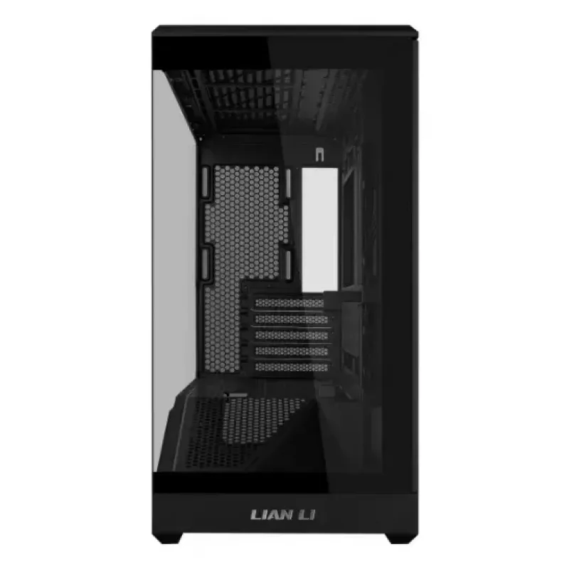 Mini-torniga arvutikorpus Lian Li Vector V100R MINI — Mini-ITX/Mikro-ATX, karastatud klaas, 3×120 mm külg- + 1×120 mm tagaventilaator, 2× 2,5-tollist + 1× 3,5-tollist pesa, must
