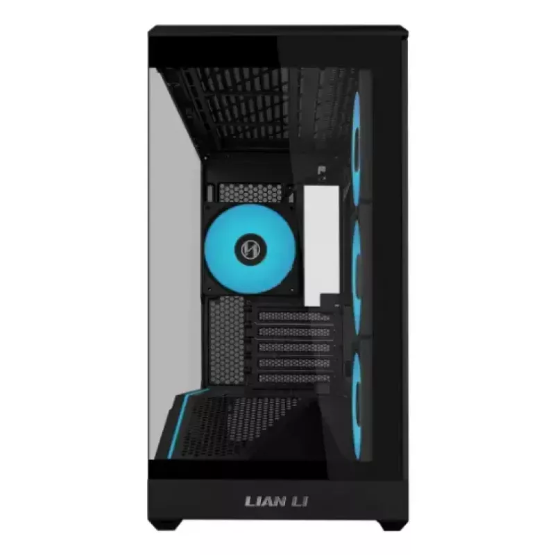 Mini-torniga arvutikorpus Lian Li Vector V100R MINI — Mini-ITX/Mikro-ATX, karastatud klaas, 3×120 mm külg- + 1×120 mm tagaventilaator, 2× 2,5-tollist + 1× 3,5-tollist pesa, must