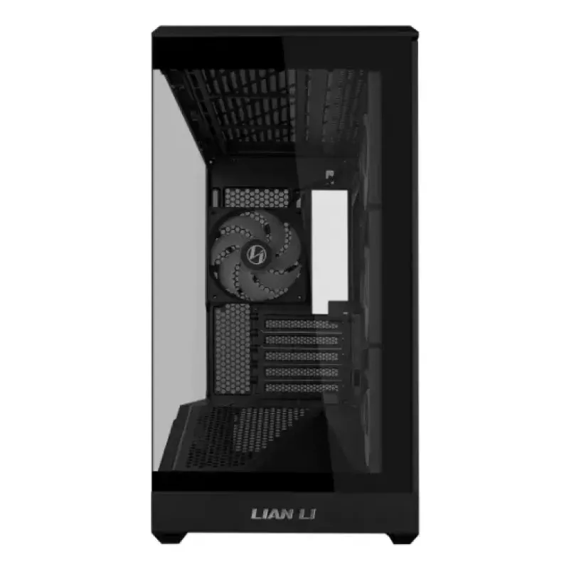 Mini-torniga arvutikorpus Lian Li Vector V100R MINI — Mini-ITX/Mikro-ATX, karastatud klaas, 3×120 mm külg- + 1×120 mm tagaventilaator, 2× 2,5-tollist + 1× 3,5-tollist pesa, must