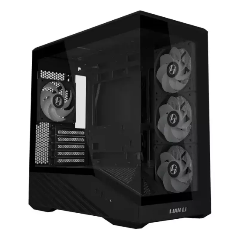 Mini-torniga arvutikorpus Lian Li Vector V100R MINI — Mini-ITX/Mikro-ATX, karastatud klaas, 3×120 mm külg- + 1×120 mm tagaventilaator, 2× 2,5-tollist + 1× 3,5-tollist pesa, must