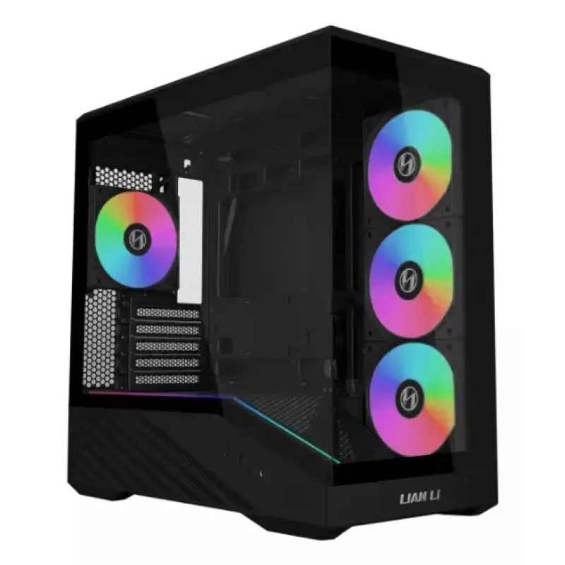 Mini-torniga arvutikorpus Lian Li Vector V100R MINI — Mini-ITX/Mikro-ATX, karastatud klaas, 3×120 mm külg- + 1×120 mm tagaventilaator, 2× 2,5-tollist + 1× 3,5-tollist pesa, must