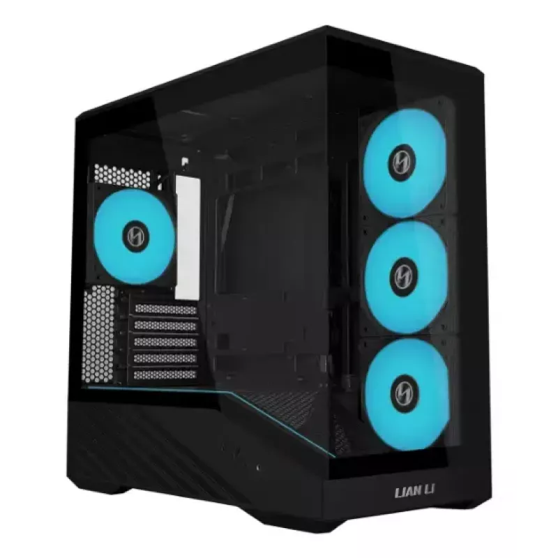 Mini-torniga arvutikorpus Lian Li Vector V100R MINI — Mini-ITX/Mikro-ATX, karastatud klaas, 3×120 mm külg- + 1×120 mm tagaventilaator, 2× 2,5-tollist + 1× 3,5-tollist pesa, must