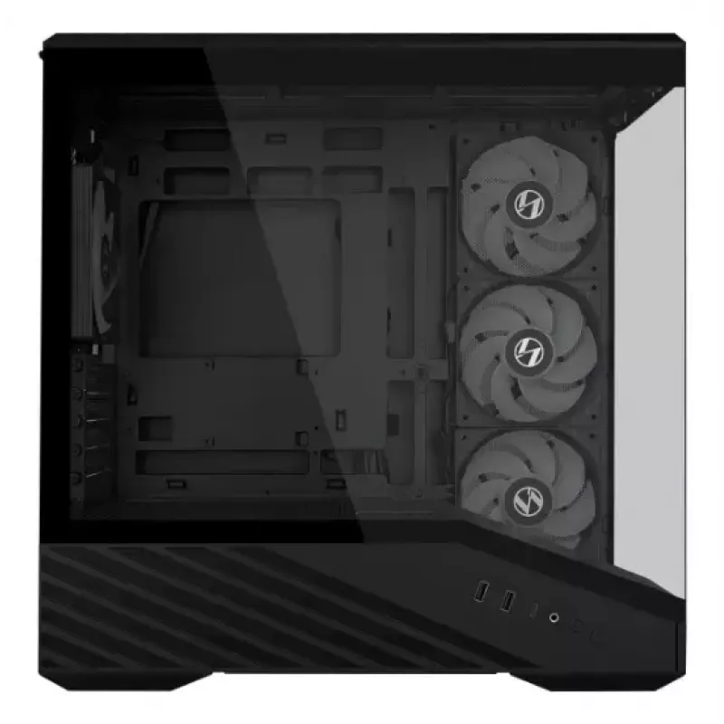 Mini-torniga arvutikorpus Lian Li Vector V100R MINI — Mini-ITX/Mikro-ATX, karastatud klaas, 3×120 mm külg- + 1×120 mm tagaventilaator, 2× 2,5-tollist + 1× 3,5-tollist pesa, must