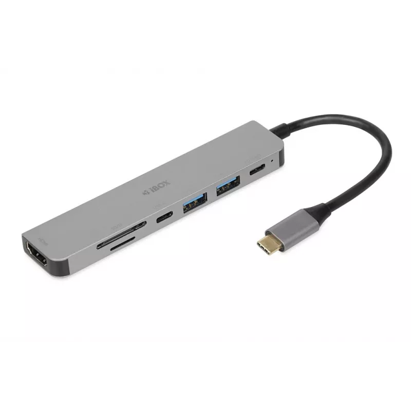 Dokkimisjaam IBOX IUH3SL4K USB USB-C 5 Gbit/s, HDMI 4K@30Hz, PD kuni 100W, 2x USB-A, 2x USB-C, mälukaardilugeja, hõbedane