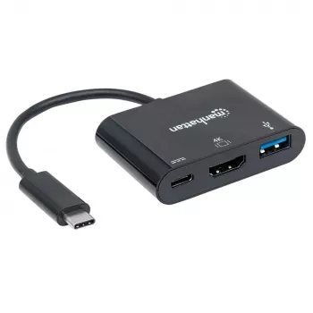 Manhattan USB-C dokk/jaotur, pordid (x3): HDMI, USB-A ja USB-C, 5 Gbps (USB 3.2 Gen1 ehk USB 3.0), toiteedastus (60 W) USB-C porti (Märkus: vajalik lisaks USB-C seinakontroller ja USB-