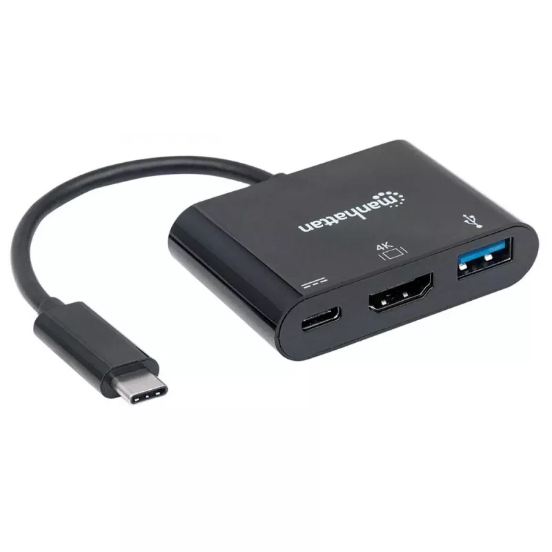 Manhattan USB-C dokk/jaotur, pordid (x3): HDMI, USB-A ja USB-C, 5 Gbps (USB 3.2 Gen1 ehk USB 3.0), toiteedastus (60 W) USB-C porti (Märkus: vajalik lisaks USB-C seinakontroller ja USB-