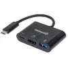 Manhattan USB-C dokk/jaotur, pordid (x3): HDMI, USB-A ja USB-C, 5 Gbps (USB 3.2 Gen1 ehk USB 3.0), toiteedastus (60 W) USB-C porti (Märkus: vajalik lisaks USB-C seinakontroller ja USB-