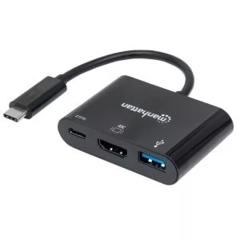 Manhattan USB-C dokk/jaotur, pordid (x3): HDMI, USB-A ja USB-C, 5 Gbps (USB 3.2 Gen1 ehk USB 3.0), toiteedastus (60 W) USB-C porti (Märkus: vajalik lisaks USB-C seinakontroller ja USB-