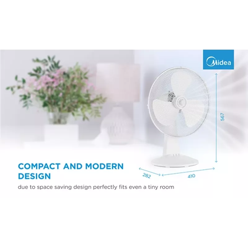 Lauaventilaator Midea FT40-21M — 40 cm läbimõõt, 3 kiirust, ostsillatsioon, 25 W, valge