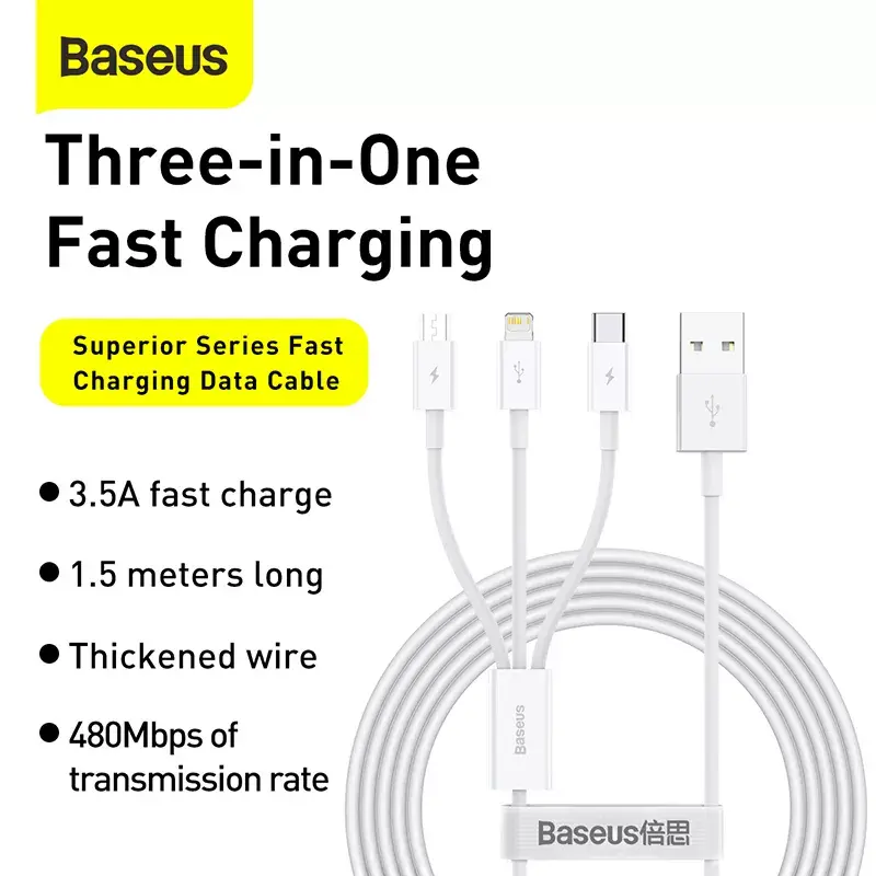 USB-kaabel Baseus Superior USB 2.0 1,5 m USB A USB C/Micro USB A/Lightning valge