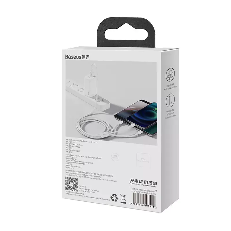 USB-kaabel Baseus Superior USB 2.0 1,5 m USB A USB C/Micro USB A/Lightning valge